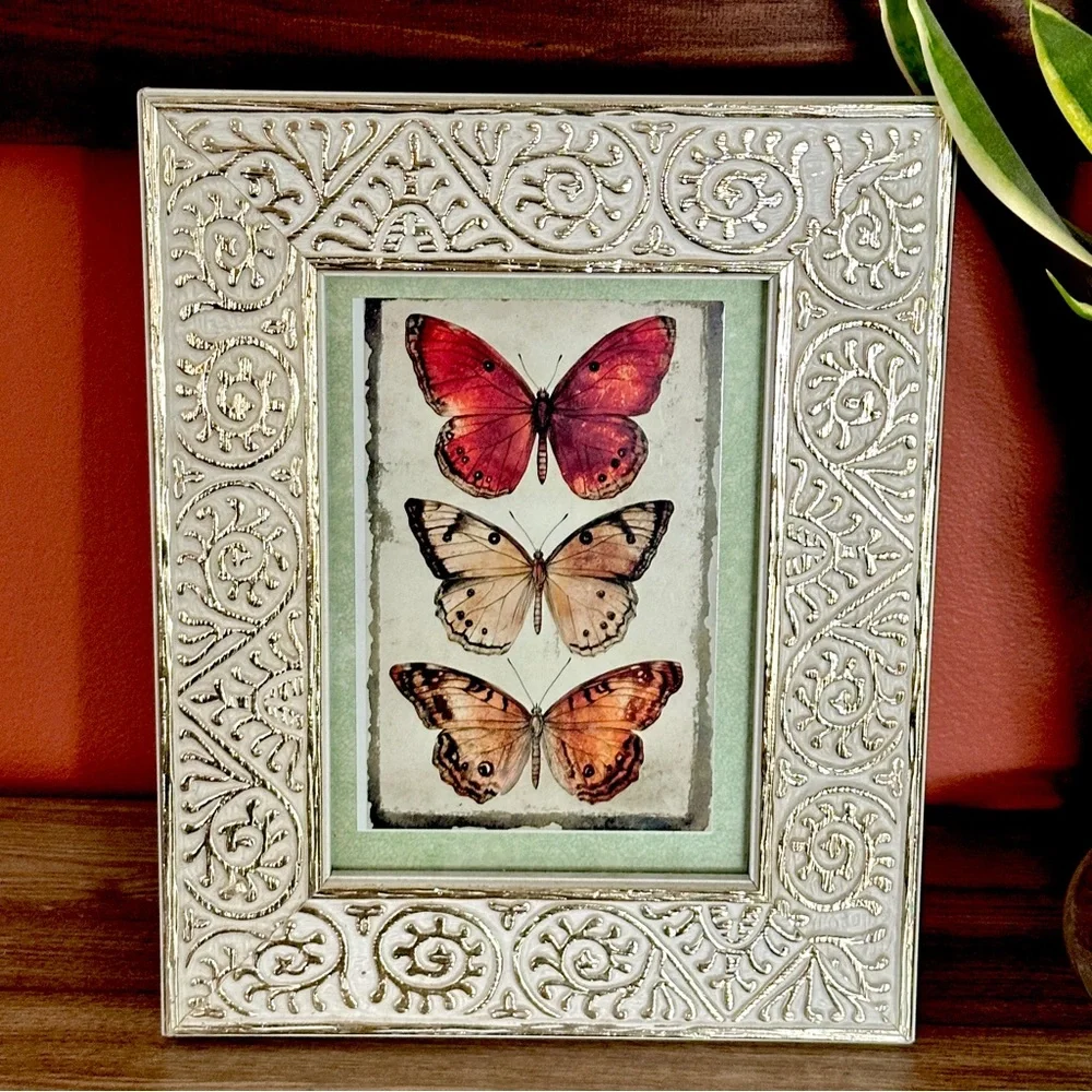 Bohemian Butterfly Vintage Style Postcard Art Print Framed Ornate Gold White